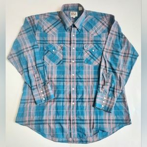 Mens Vintage ELY Cattleman Blue/Gray/Pink Plaid Pearl Snap LS Shirt Size 17/34
